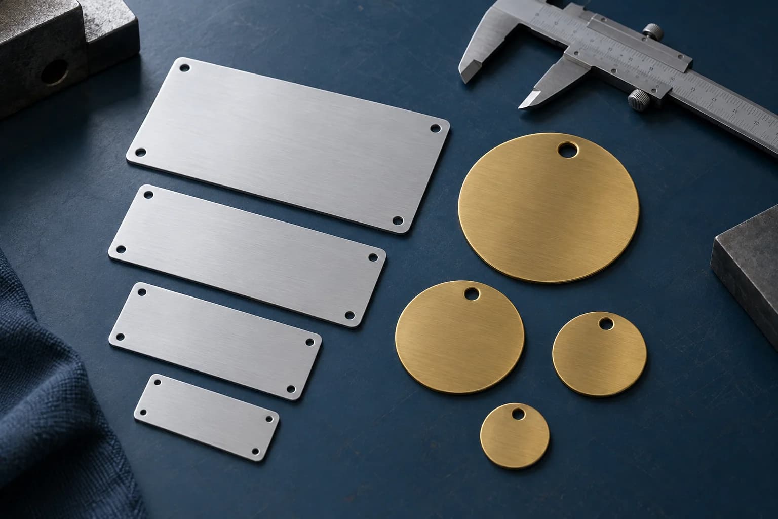 Blank panel plates and valve tags on a technical planning bench