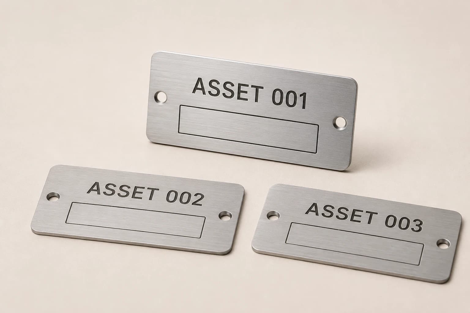 Brushed aluminum asset plates with numbered IDs and blank code fields.