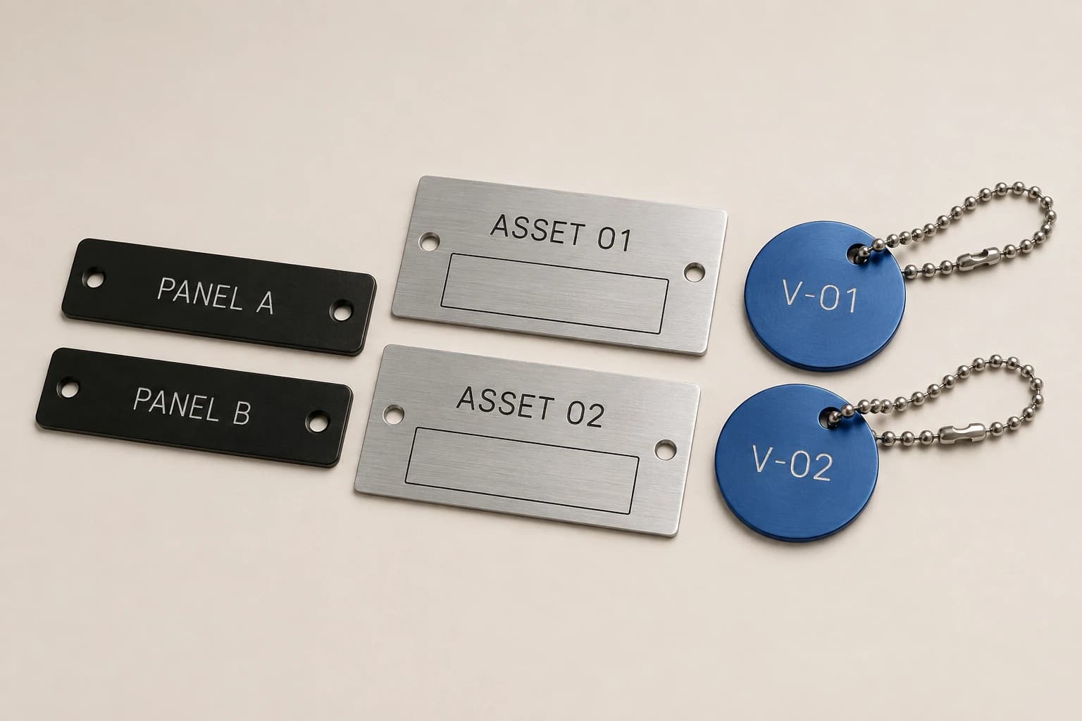 Mixed industrial kit with panel labels, asset plates and chained valve tags.
