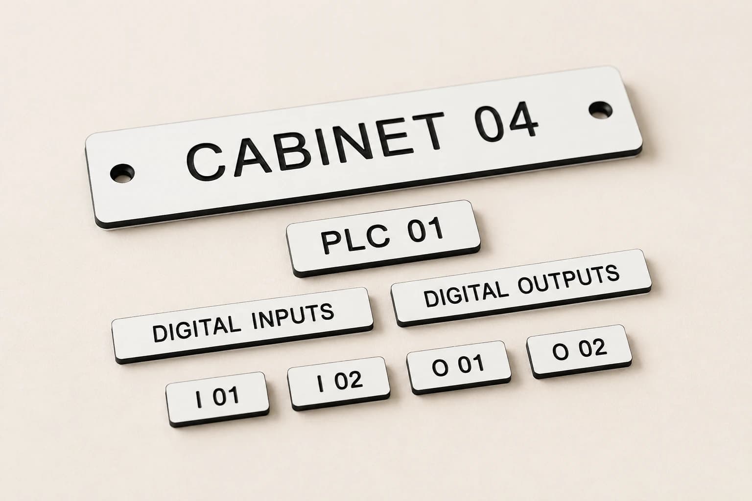 Precision phenolic cabinet, PLC, input, output, and terminal identification labels.