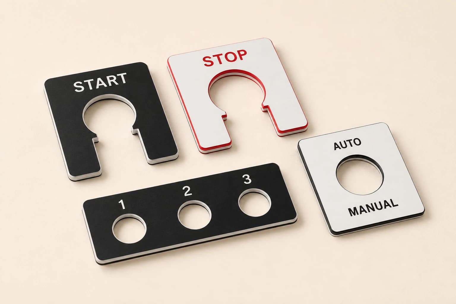 Engraved phenolic switch legend plates with circular control cutouts and clear function labels.