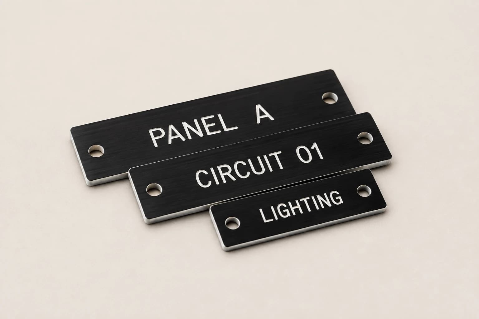 Black engraved panel tags with white lettering and mounting holes.