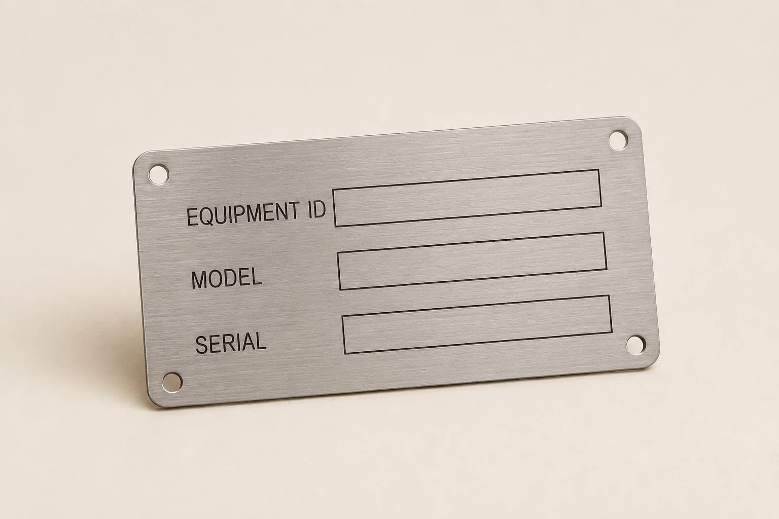 Brushed stainless equipment plate with blank model and serial fields.