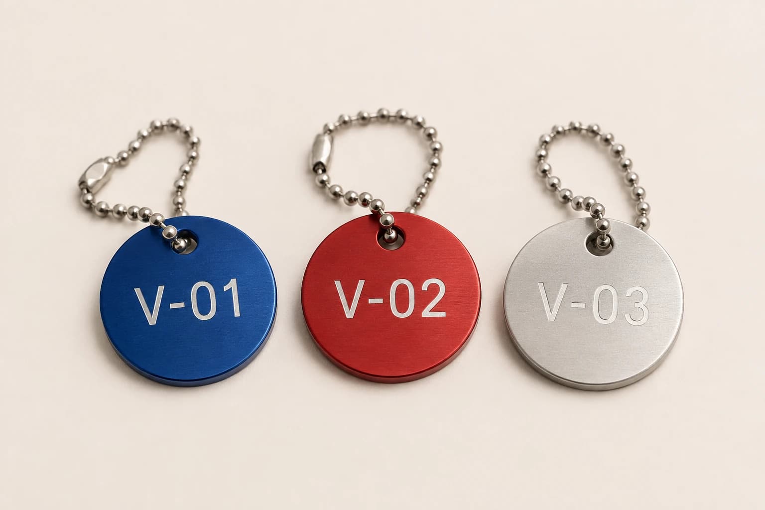 Color-coded aluminum valve tags with stainless ball chains.