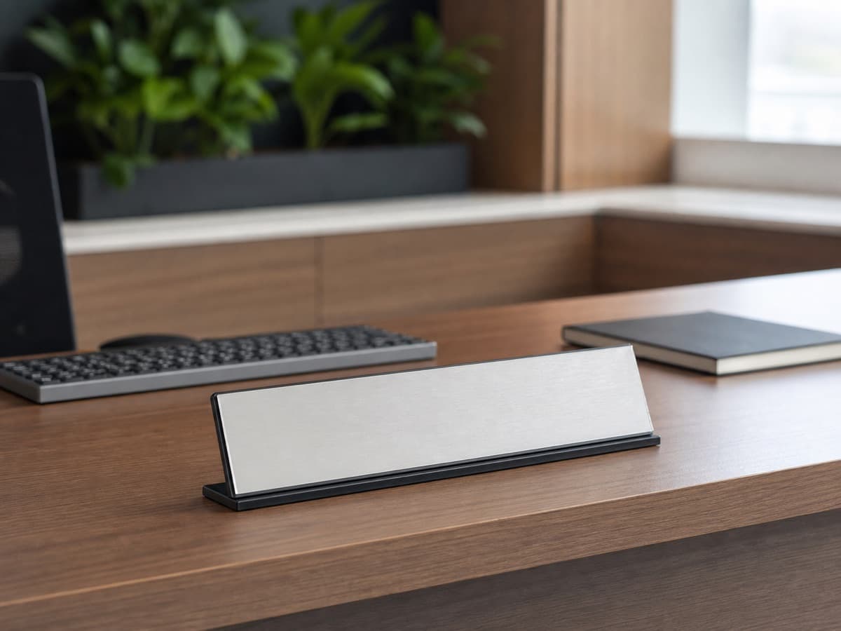 Illustrative blank executive nameplate placed on a modern office desk