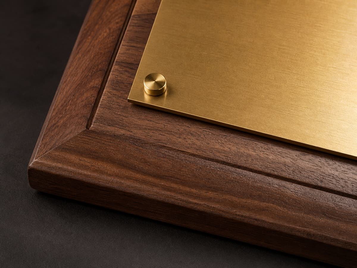 Illustrative close-up of walnut grain, beveled edge, and brushed gold plaque plate
