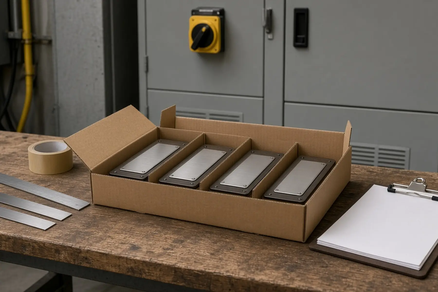 Coordinated order concept: matching Machine & Equipment Nameplates pieces grouped and separated for packing