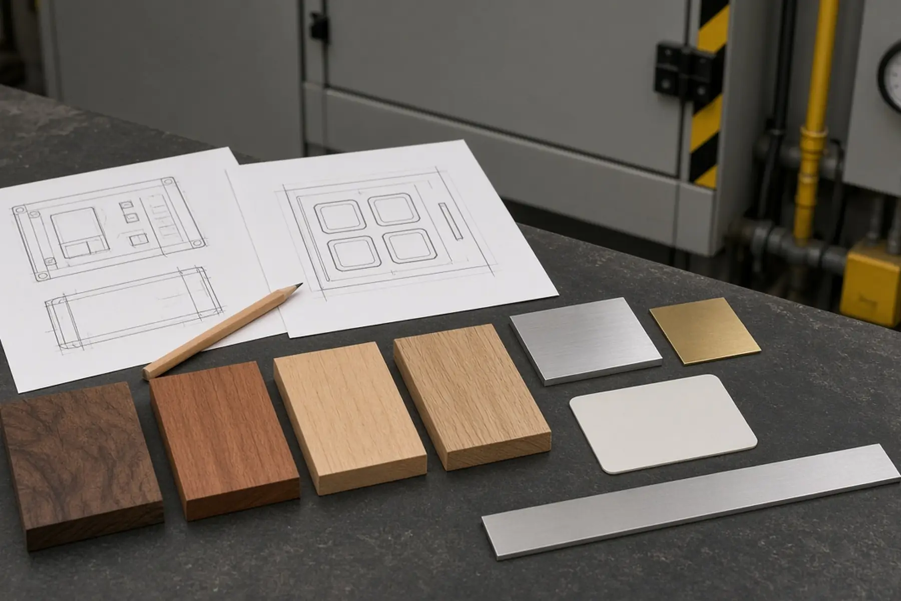 Design planning concept for a Equipment Panel Tag Set: sketches, material swatches and a blank sample shape