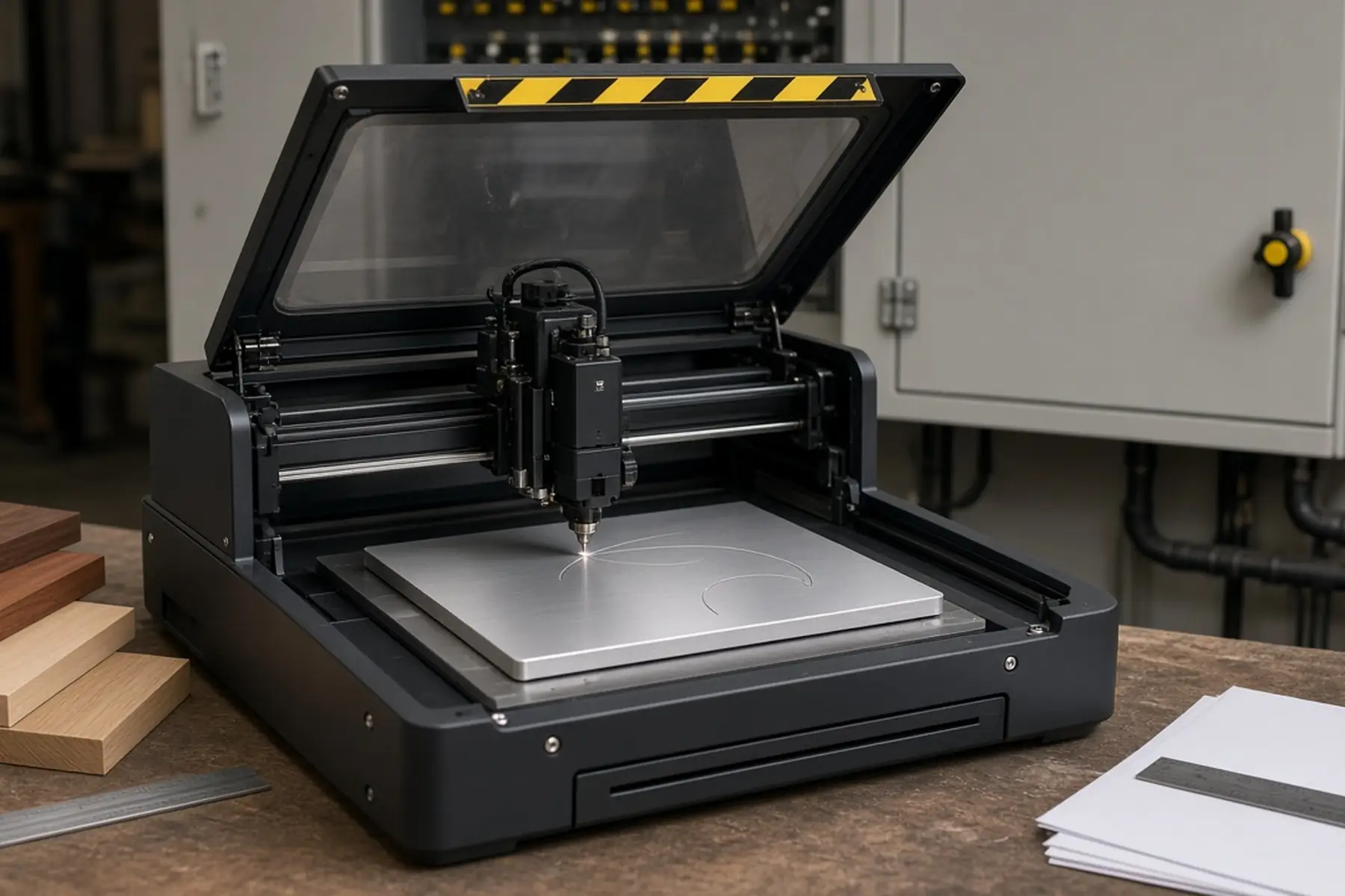 Engraving concept: a blank plate for a Equipment Panel Tag Set inside an enclosed marking machine
