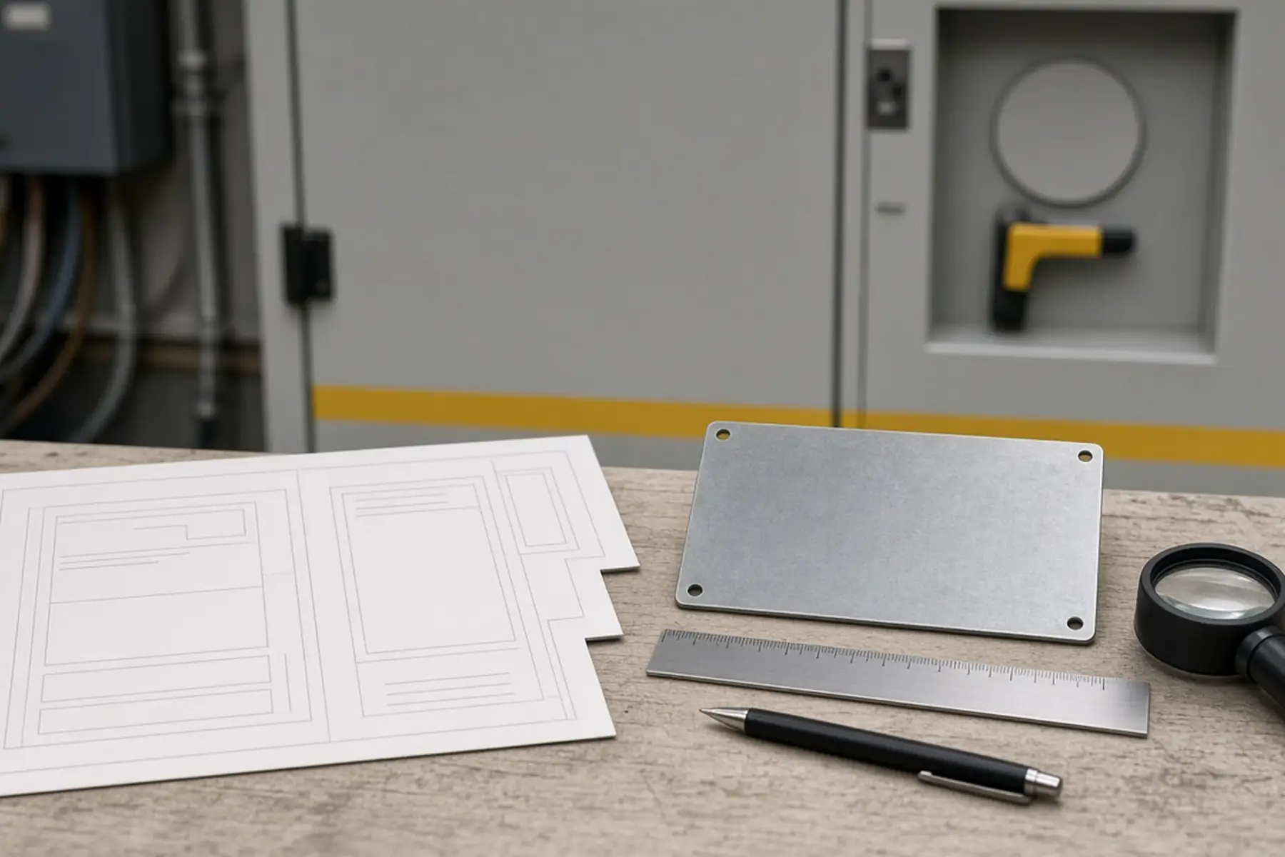 Proof review concept: a full-size layout checked against a blank Equipment Panel Tag Set