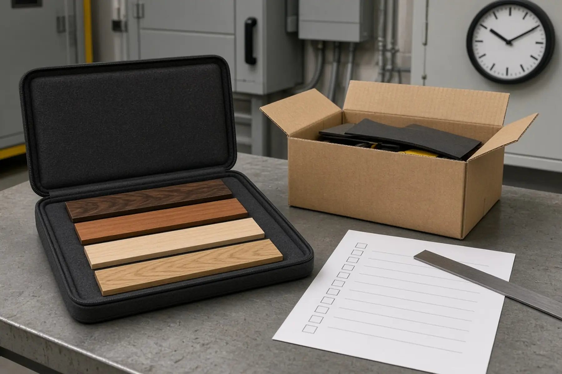 Rush planning concept: a Custom Electrical Panel Tags, carton and checklist arranged around an arrival date